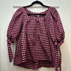 Topshop pink and black gingham blouse with tie sleeves